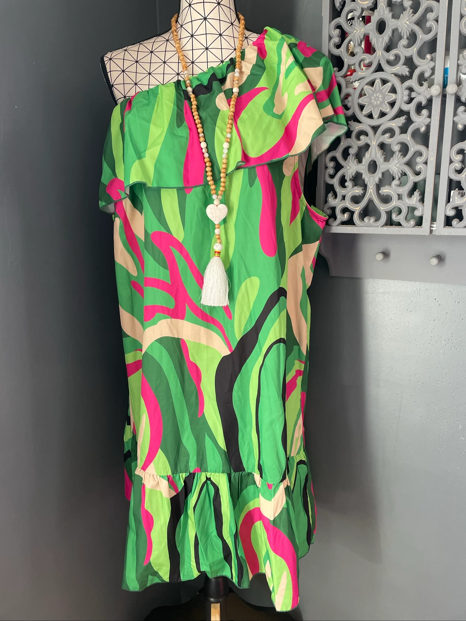 🌸 groene meerkleurige jurk grote maat 56 schoudervrije volant losse trendy jurk 🌸 – photo 6